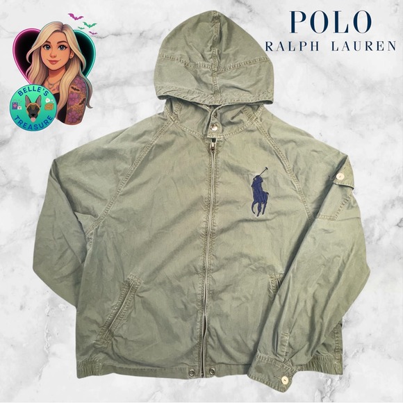 Polo Ralph Lauren Men's XL Army Green Hooded Full Zip Utility JacketBig Pony